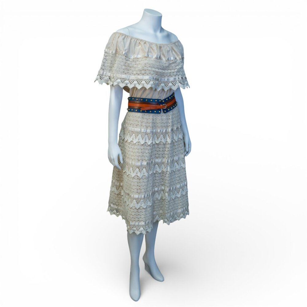 Vintage 70s Mexican Crochet Lace Dress | Off-Shoulder Ivory Midi * Medium